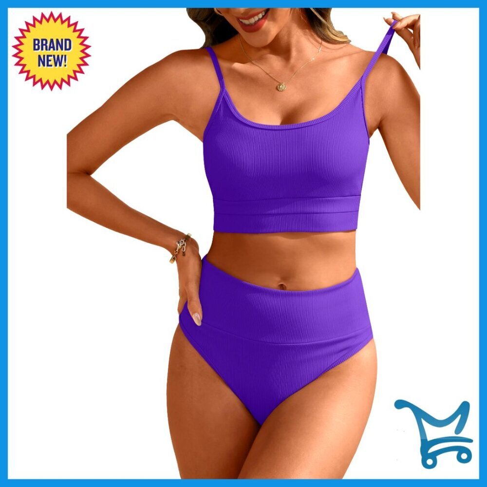 High Waisted Bikini Set Ribbed Tummy Control Adjustable Straps Summer Beach
